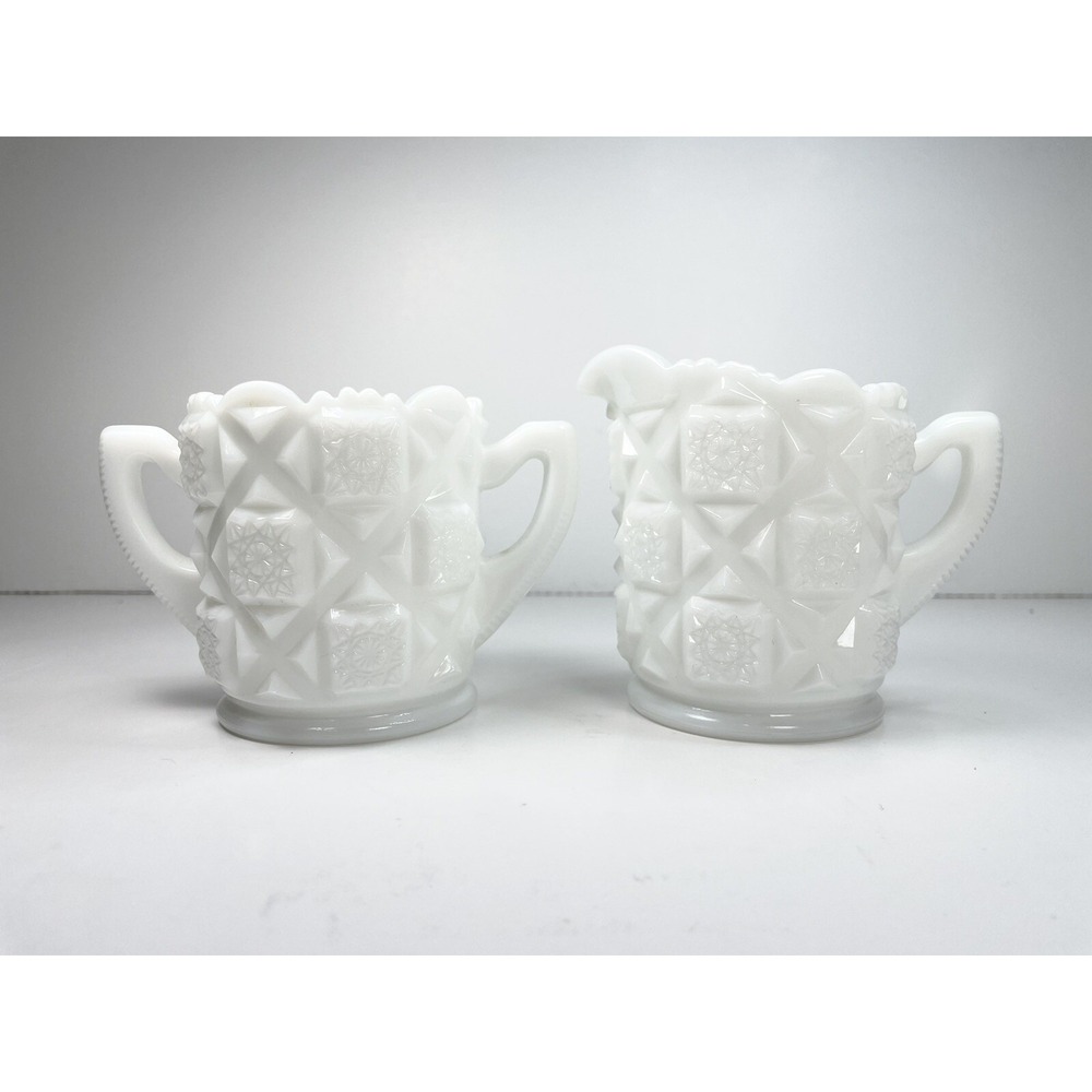 Vintage Westmoreland Old Quilt Pattern Milk Glass Cream And Sugar